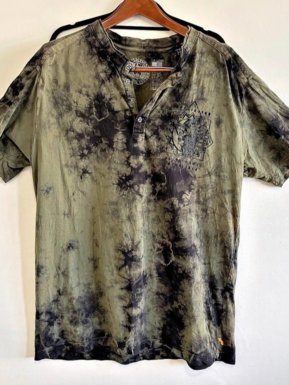 TG Affliction American Customs T-Shirt Mens 2XL  Green Henley Y2k Skull Chief
